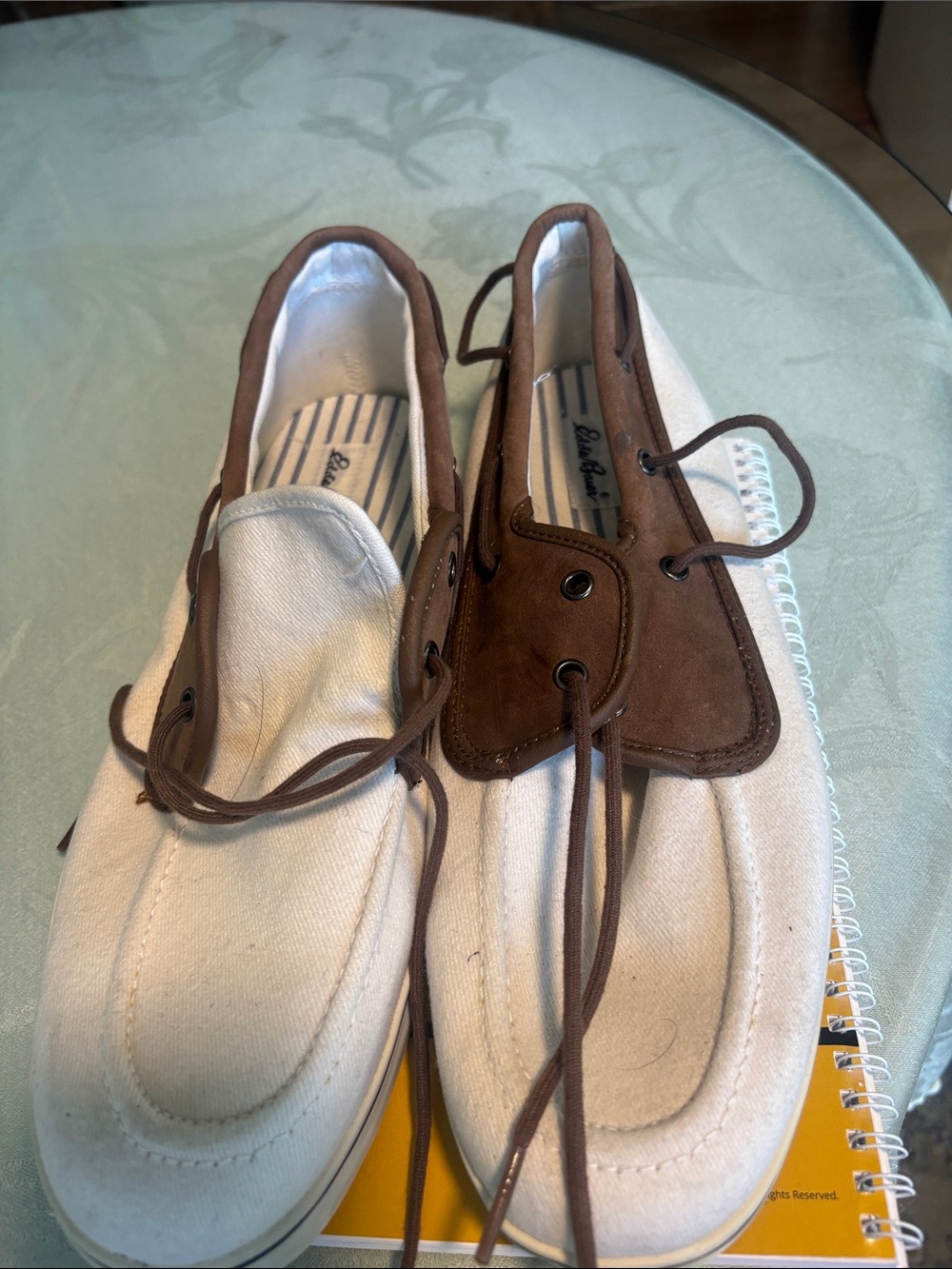 Eddie Bauer Cream Canvas and Brown Suede Boat Shoes